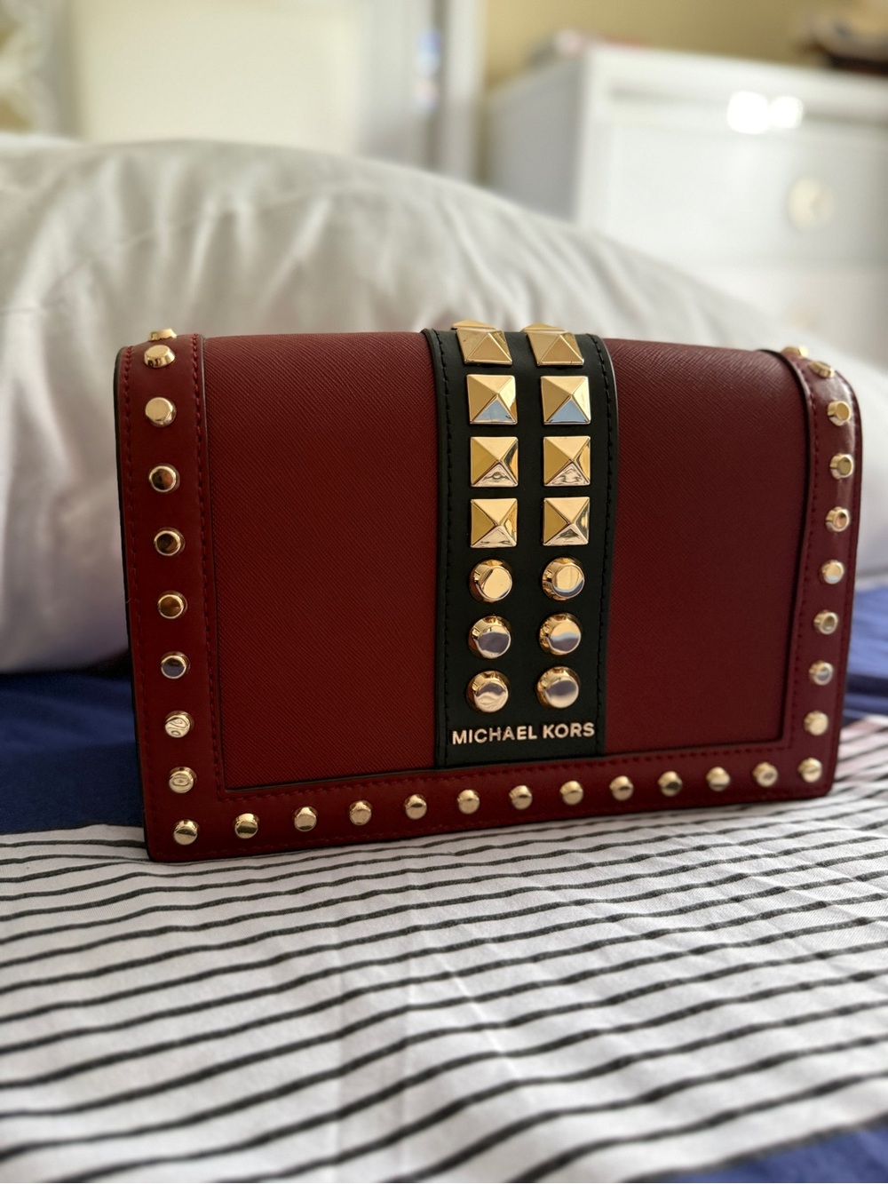 Michael Kors Red and Black Studded Crossbody Bag